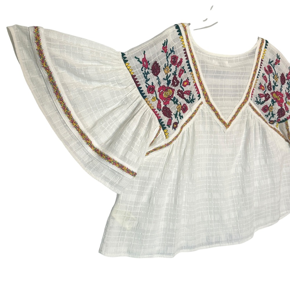 Pilcro Blouse Tawny Embroidered Floral Flutter Sleeve White L Boho Anthropologie - Picture 11 of 12
